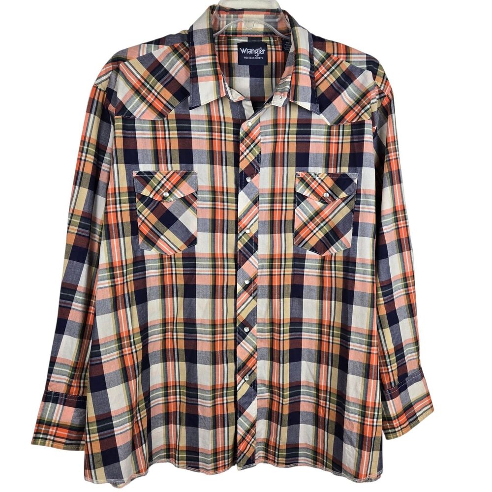 Wrangler Plaid Pearl Snap Button Shirt Men's 3X Long Sleeve Orange Blue Western